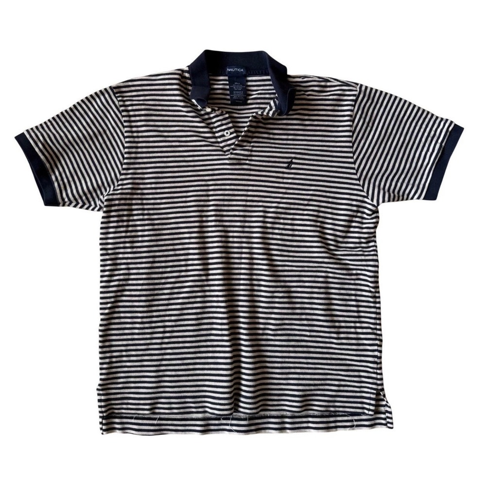 Nautica Mens Medium Polo Shirt Navy Blue Beige Striped Short Sleeve Cotton Pique